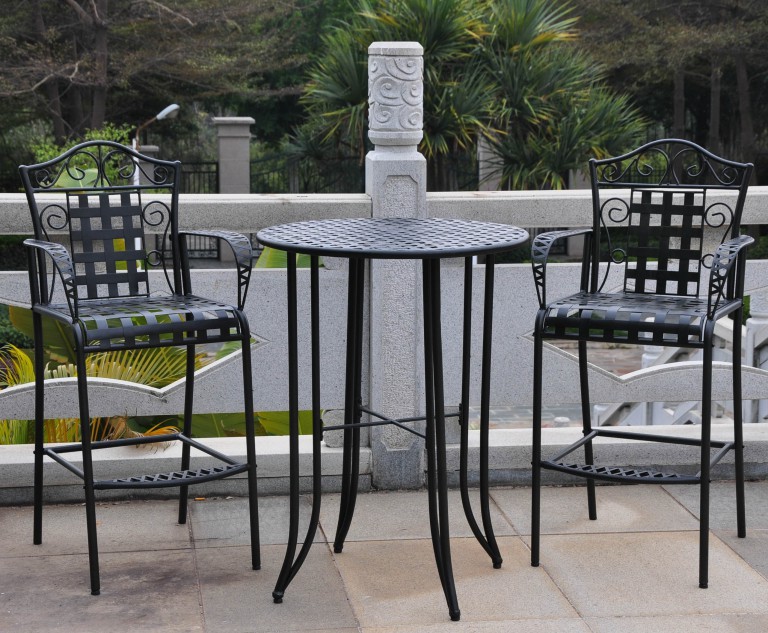 Wrought Iron Bistro Set With Bar Table And Two Barstools - Patio Table